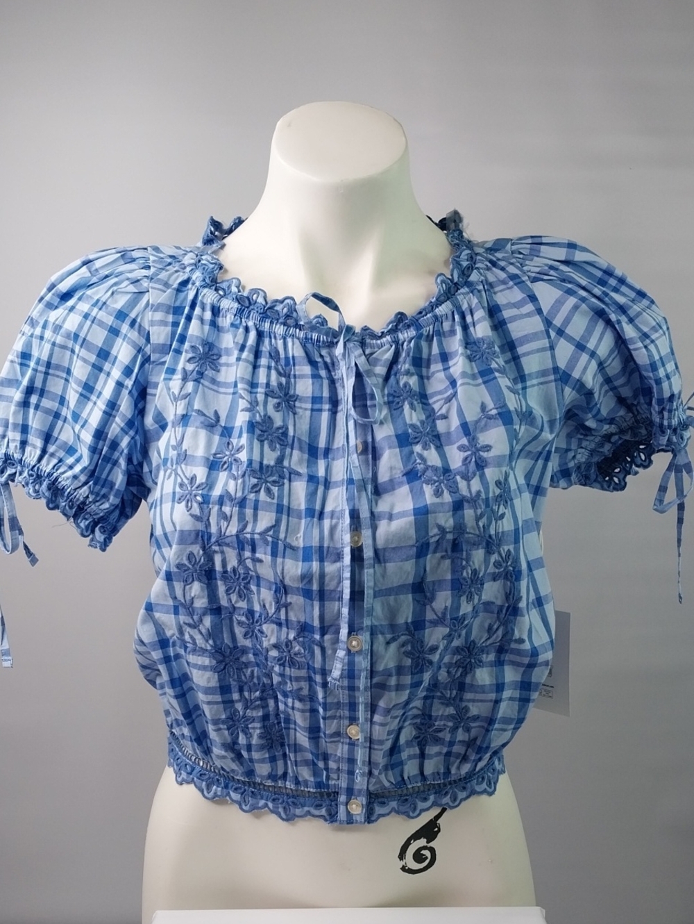 Blue Plaid Embroidered Peasant Blouse